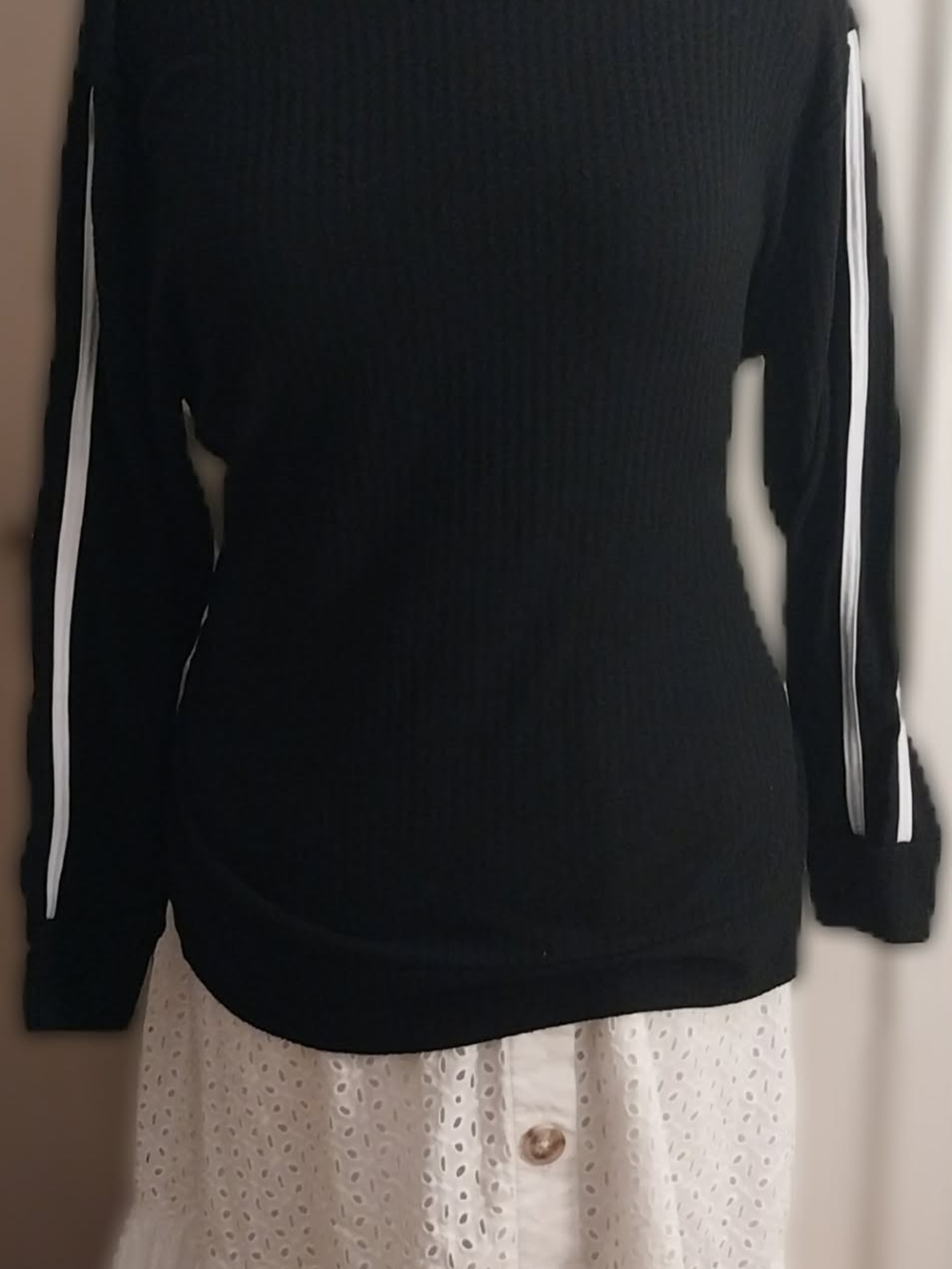 Black Long Sleeve Top with White Stripe Detail - Picture 2 of 2